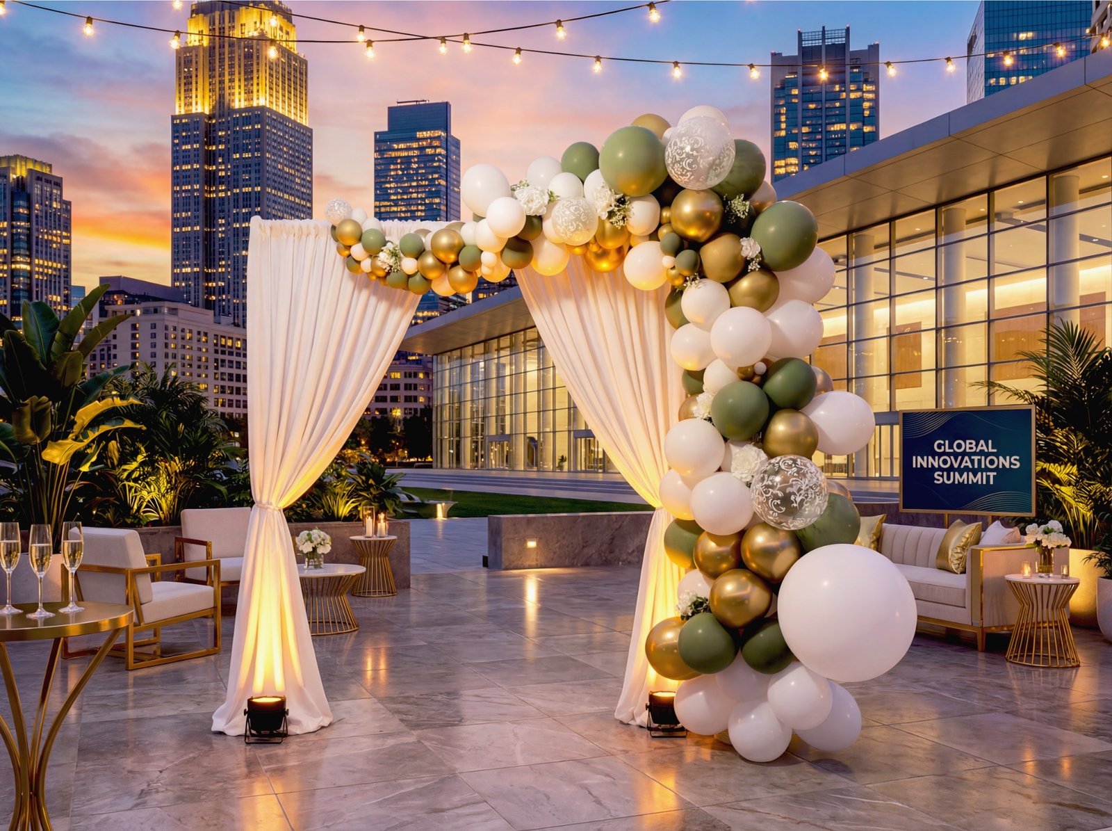 Organic balloon arch installation at a Bahamas gala event