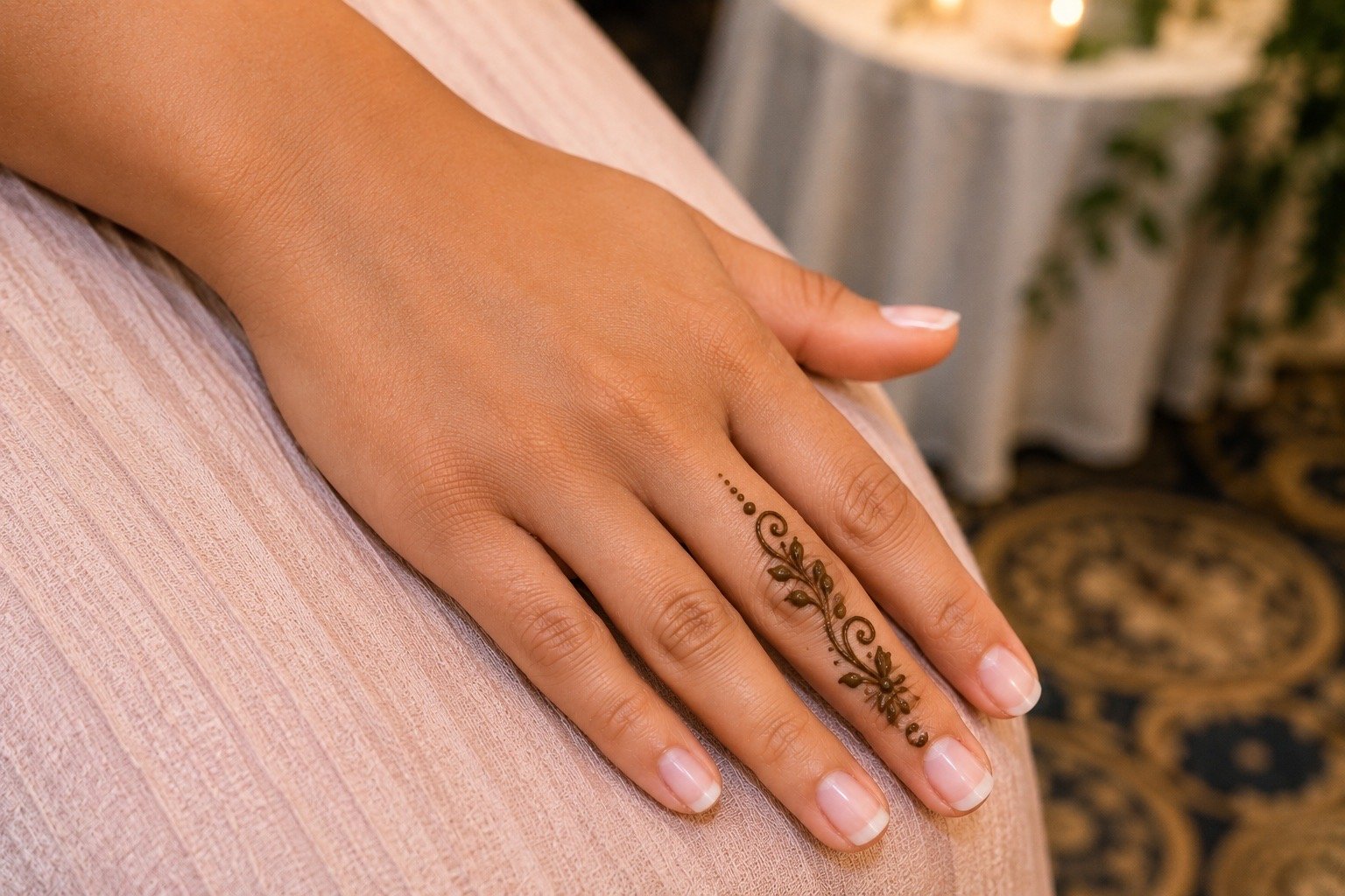 Delicate natural henna design on hand at an elegant event