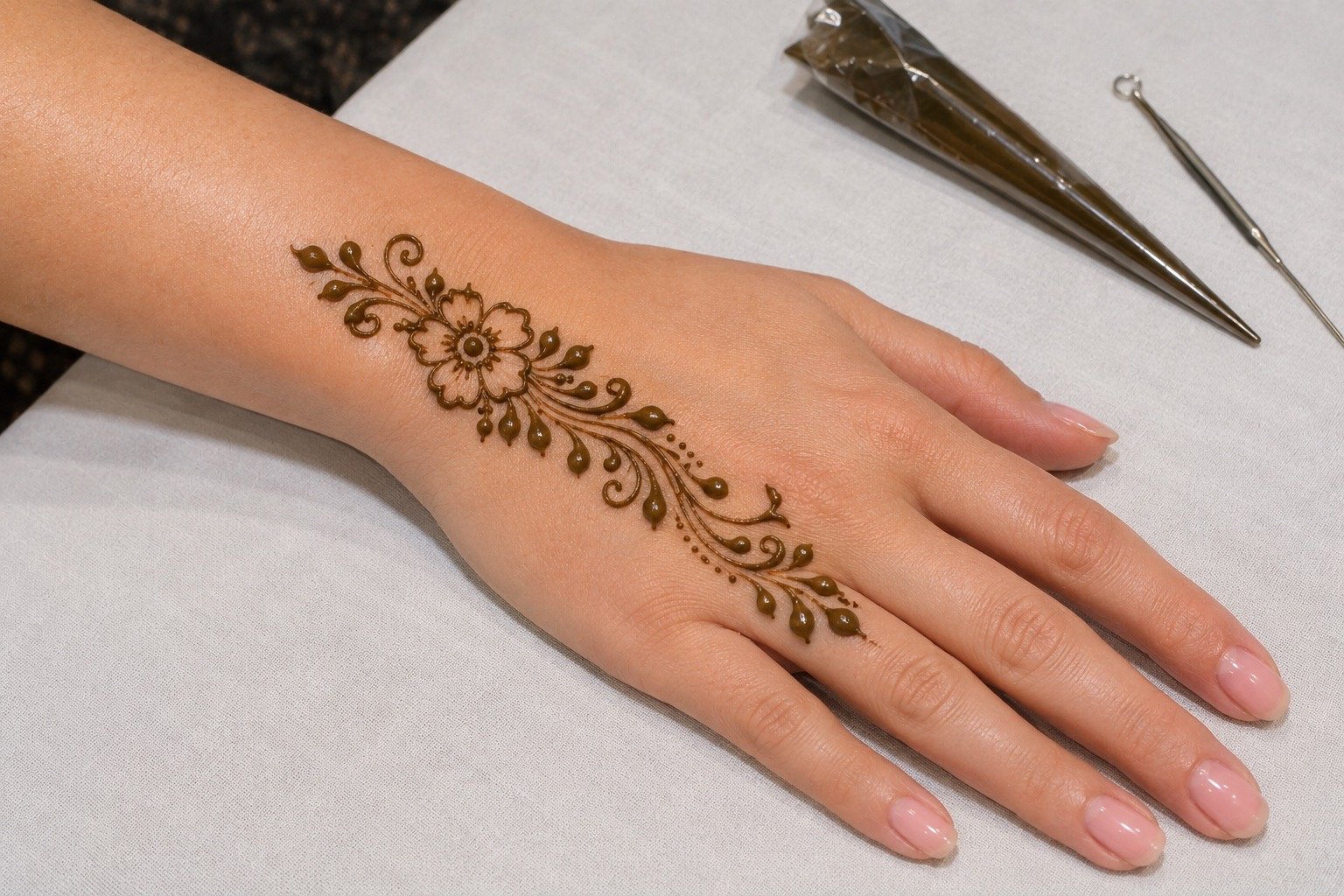 Natural henna tattoo artist setup with elegant floral design on hand