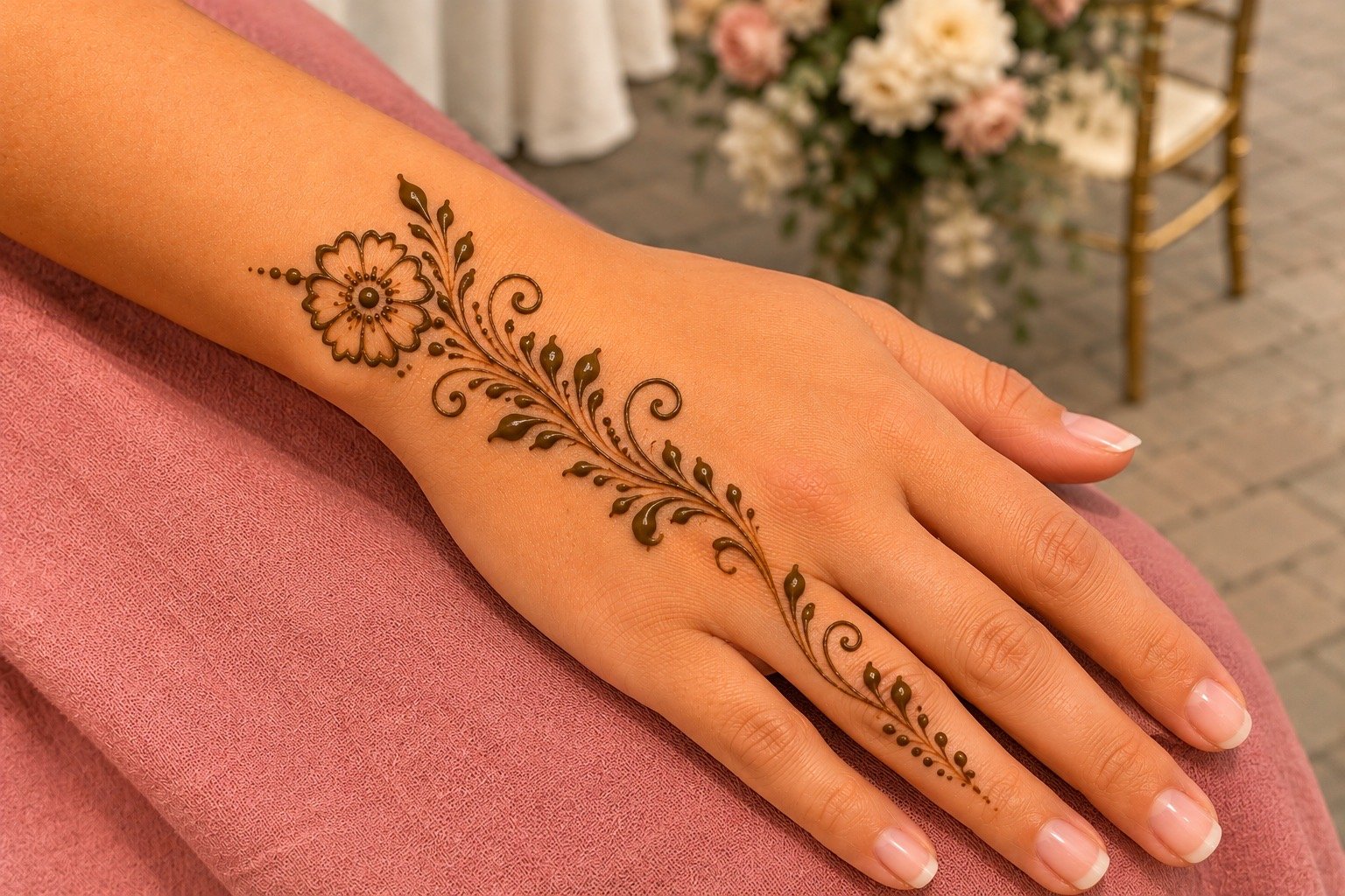 Intricate natural henna tattoo design across hand and finger